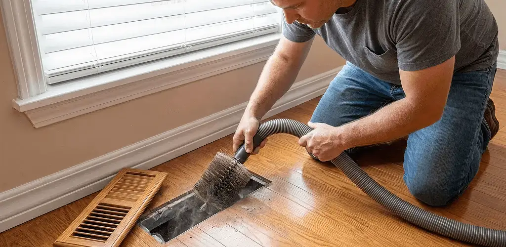 Air duct cleaning technician vacuuming a floor vent and duct opening in Pembroke Pines, FL