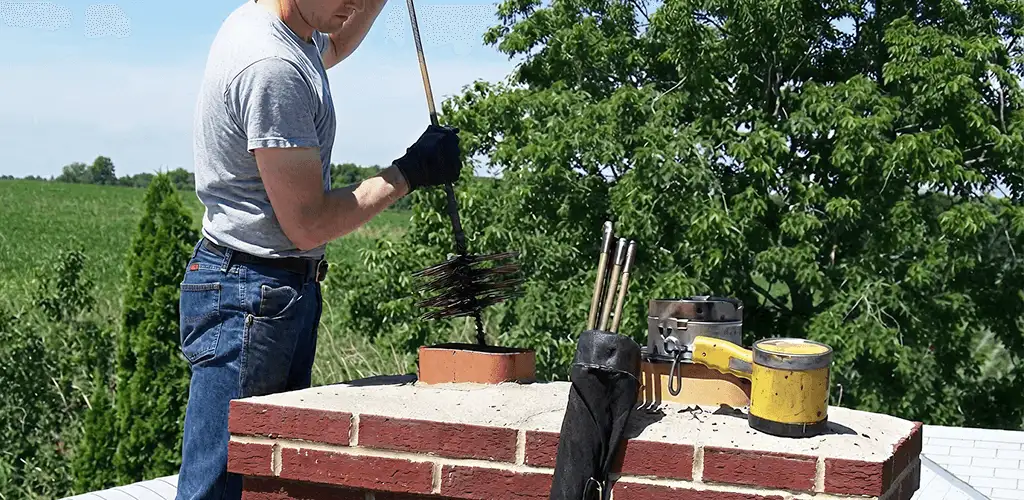 Chimney cleaning technician working on a rooftop chimney with professional tools in Pembroke Pines, FL