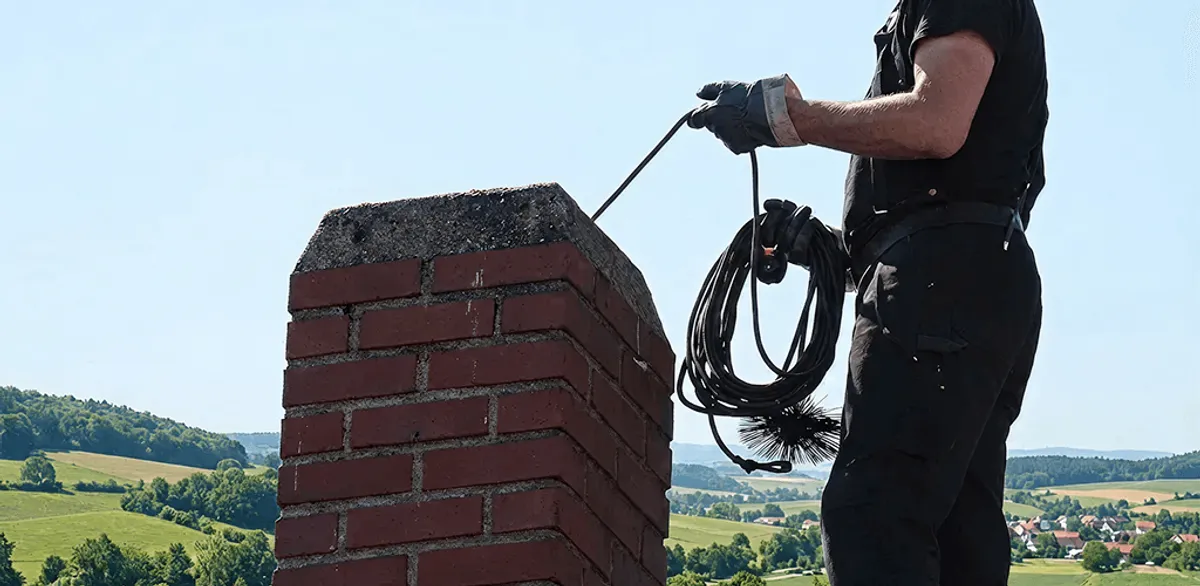 Chimney sweep inspecting and cleaning a rooftop chimney in Pembroke Pines, FL