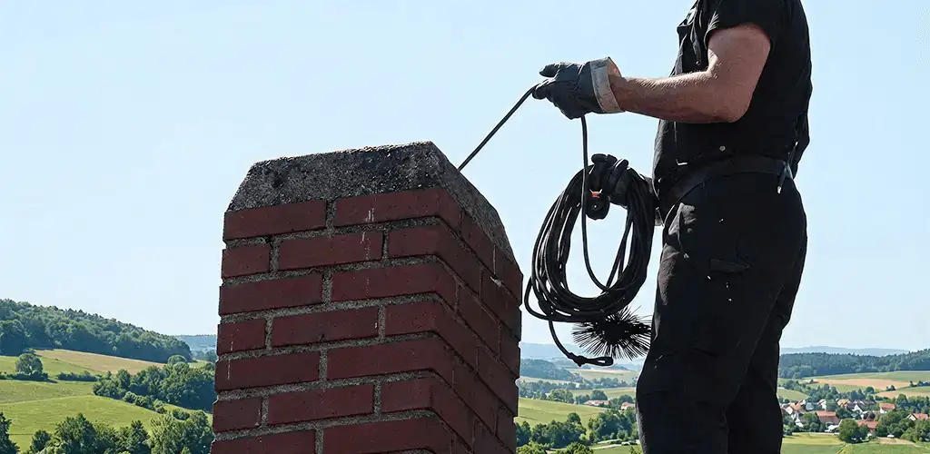 Chimney sweep inspecting and cleaning a rooftop chimney in Pembroke Pines, FL