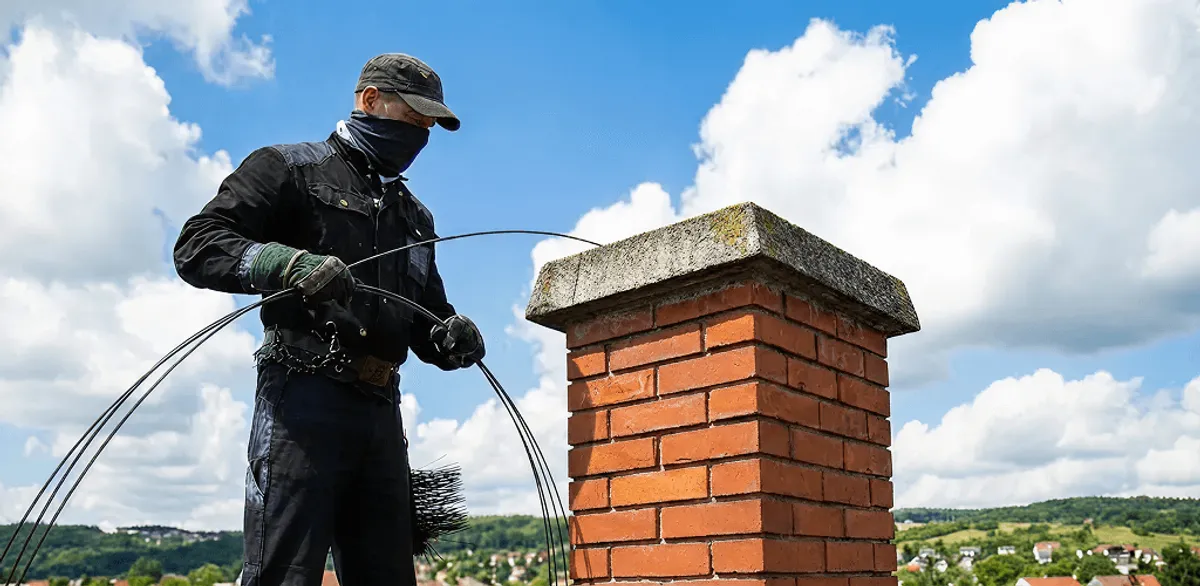 Chimney sweep cleaning a brick chimney with professional tools in Pembroke Pines, FL