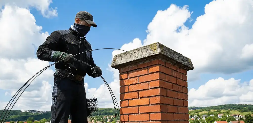 Chimney sweep cleaning a brick chimney with professional tools in Pembroke Pines, FL