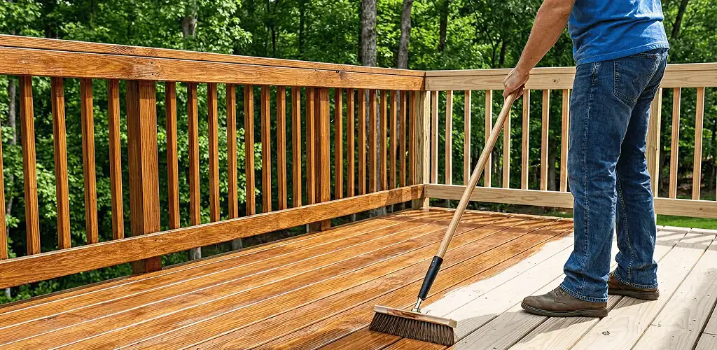 Deck staining and sealing application on a wood deck in Pembroke Pines, FL