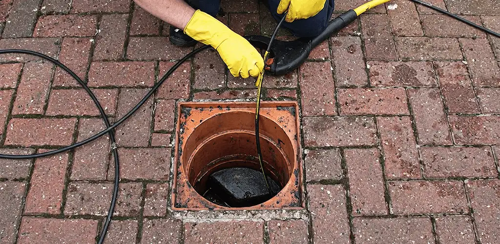 Drain cleaning technician using a drain snake to clear a clogged drain in Pembroke Pines, FL