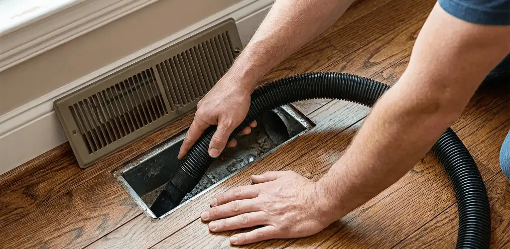 Air duct cleaning technician vacuuming a floor register and duct opening in Pembroke Pines, FL