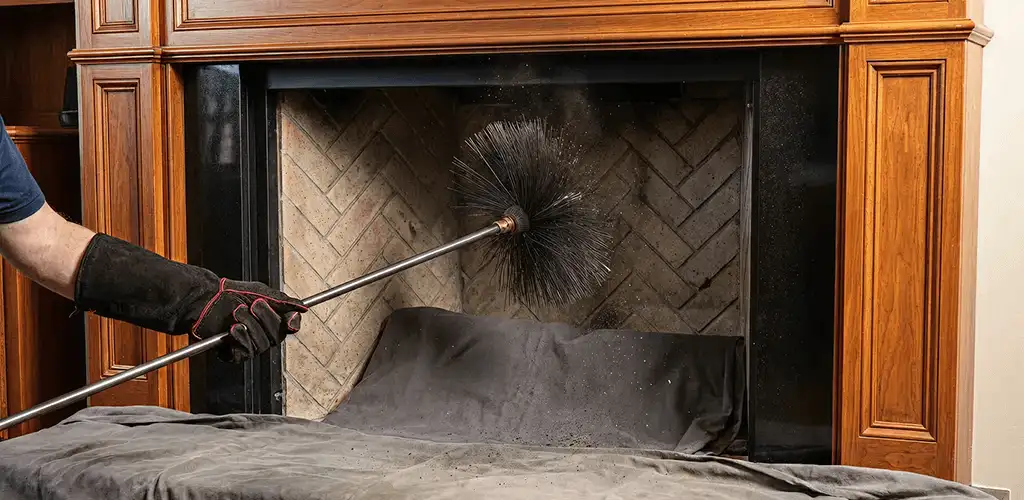 Chimney cleaning service brushing soot from a fireplace and flue in Pembroke Pines, FL
