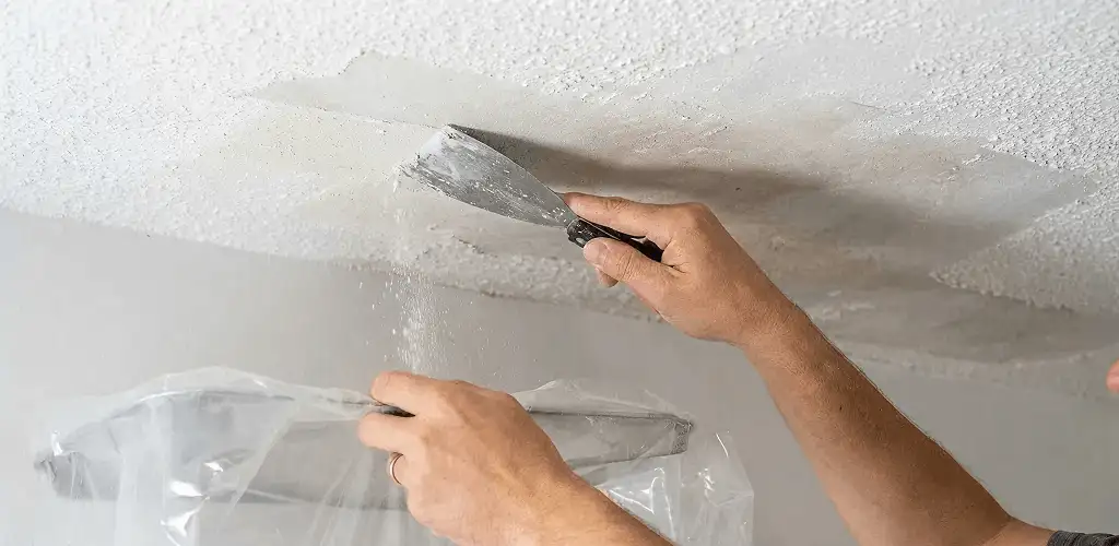 Popcorn ceiling removal technician scraping texture from a ceiling in Pembroke Pines, FL