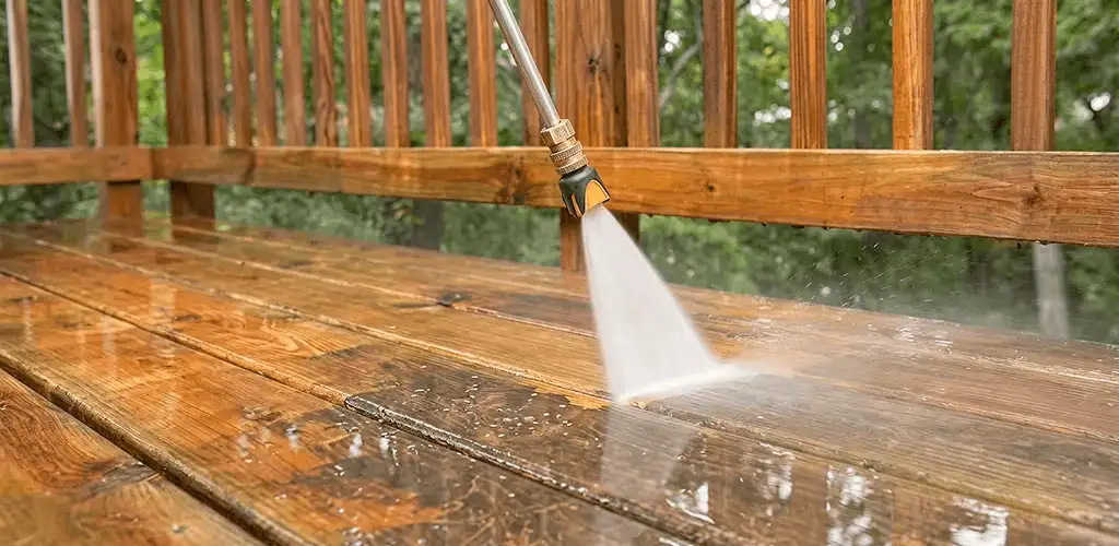 Pressure washing a wood deck to remove dirt and buildup in Pembroke Pines, FL