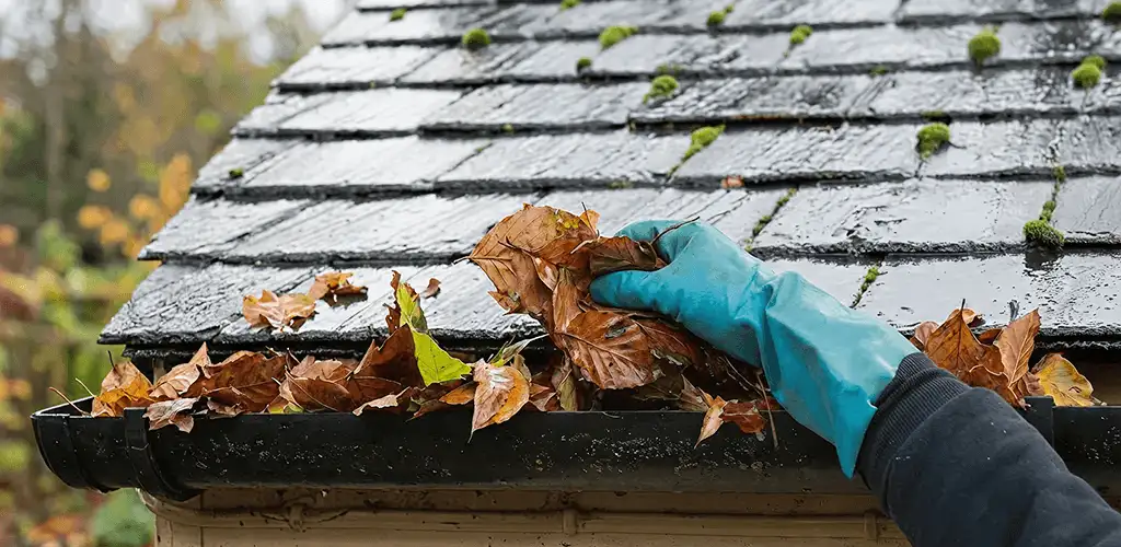 Gutter cleaning technician clearing wet leaves from roof gutters in Pembroke Pines, FL