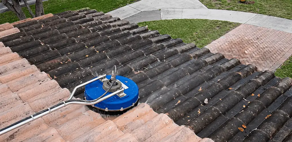 Roof pressure cleaning removing debris and buildup from roof tiles in Pembroke Pines, FL