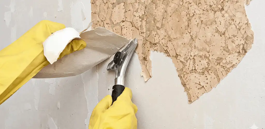 Wallpaper removal service stripping old wallpaper from a wall in Pembroke Pines, FL