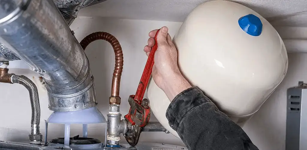 Water heater repair technician tightening plumbing connections near a tank unit in Pembroke Pines, FL